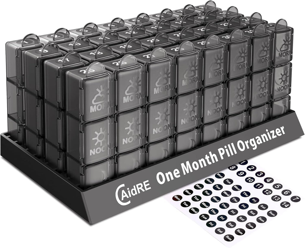 Organizador de pastillas mensual CAidRE para 3 tomas al día, organizador de pastillas para un mes (mañana, mediodía y noche), organizador de pastillas de 31 días con 32 compartimentos diarios para aceite de pescado, vitaminas, suplementos y medicamentos