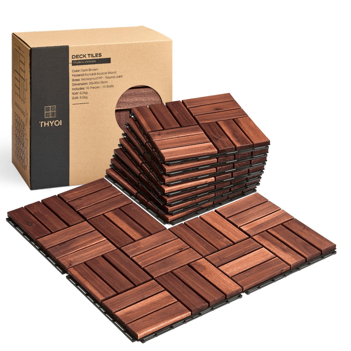 10 piezas de baldosas premium para terraza, baldosas entrelazadas para terraza, suelo de madera para patio exterior impermeable, tarima de madera de acacia para todo tipo de clima para balcón, uso interior y exterior (marrón oscuro, juntas cuadradas)
