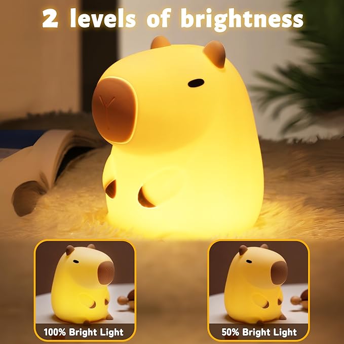 Capybara - Luz nocturna para niños, lámpara de noche de silicona animal recargable por USB, control táctil con regulador y temporizador, bonita decoración de noche para el hogar, portátil, regalo de cumpleaños Kawaii para niñas y niños