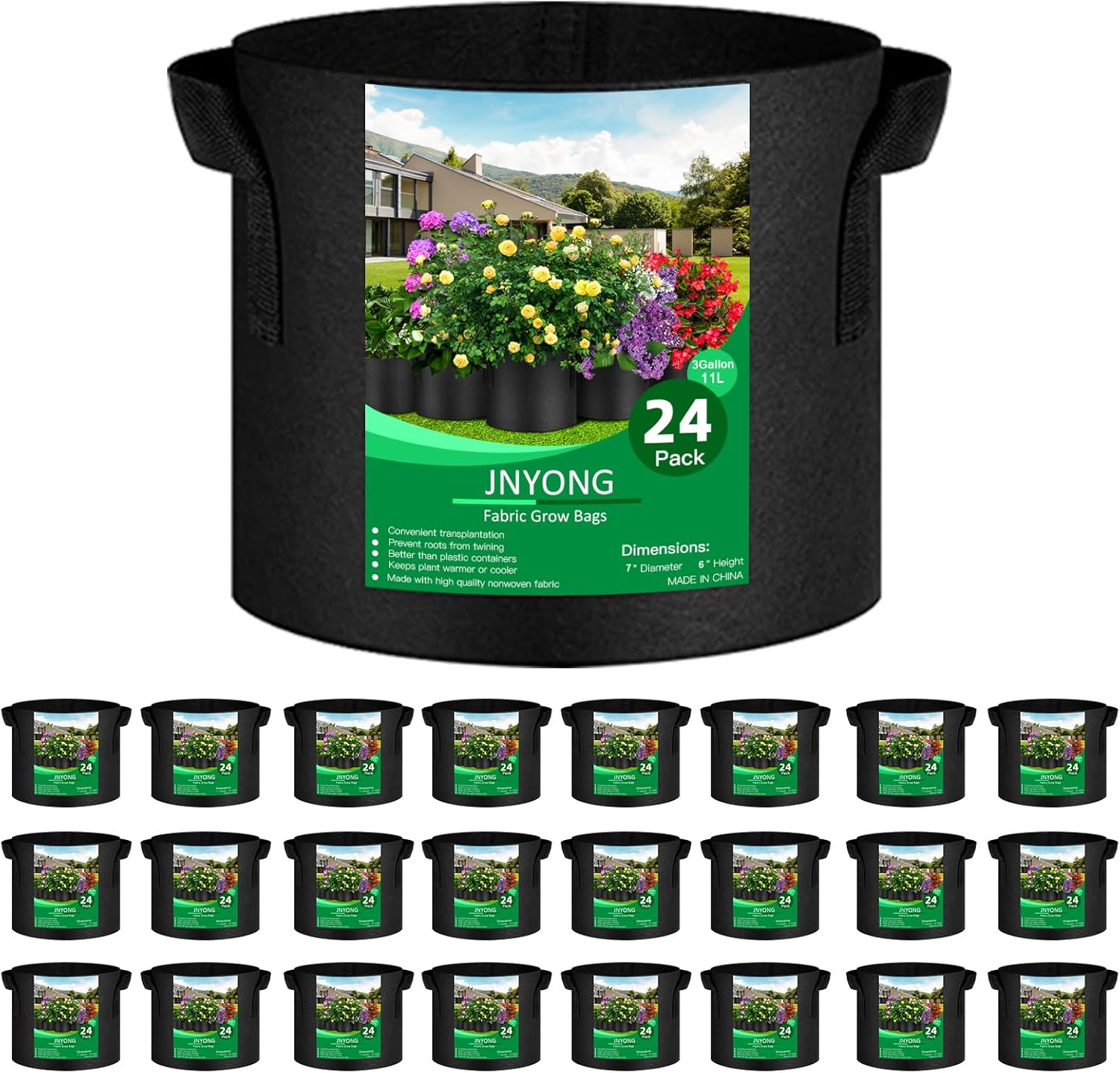 JNYONG 24-Pack 3 Gallon Thickened Non-Woven Grow Bags, Aeration Fabric Pots with Handles