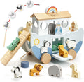 Arca de Noé de madera Joyreal para bebés de 1 año, niños y niñas, regalo de bautizo - Juguete educativo Montessori de color neutro con clasificador de formas de animales - Juguetes cristianos para niños pequeños de 1 a 3 años