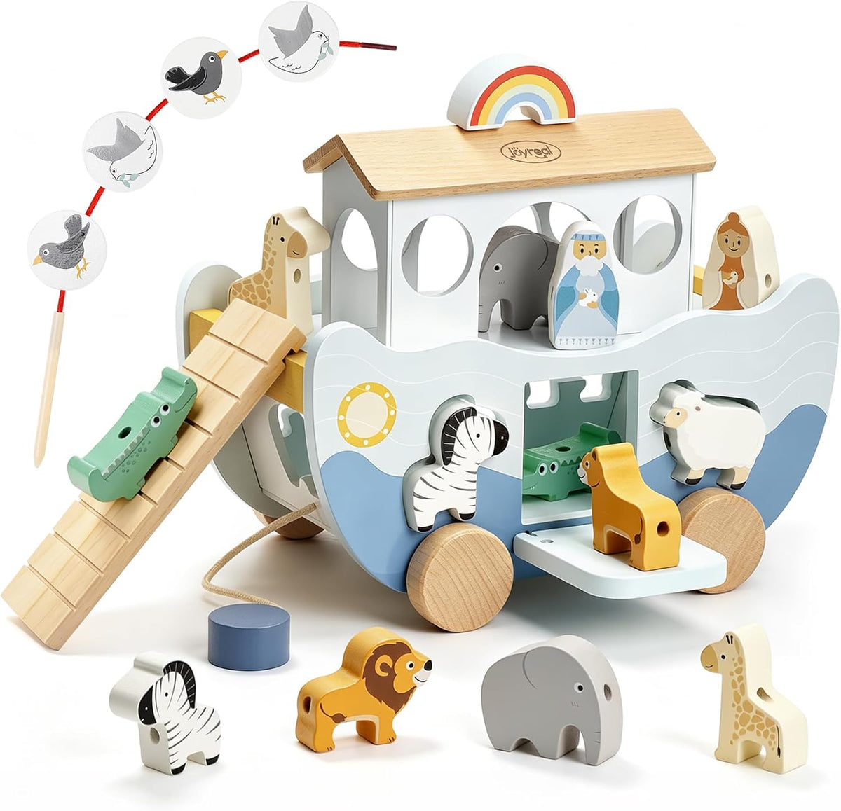 Arca de Noé de madera Joyreal para bebés de 1 año, niños y niñas, regalo de bautizo - Juguete educativo Montessori de color neutro con clasificador de formas de animales - Juguetes cristianos para niños pequeños de 1 a 3 años