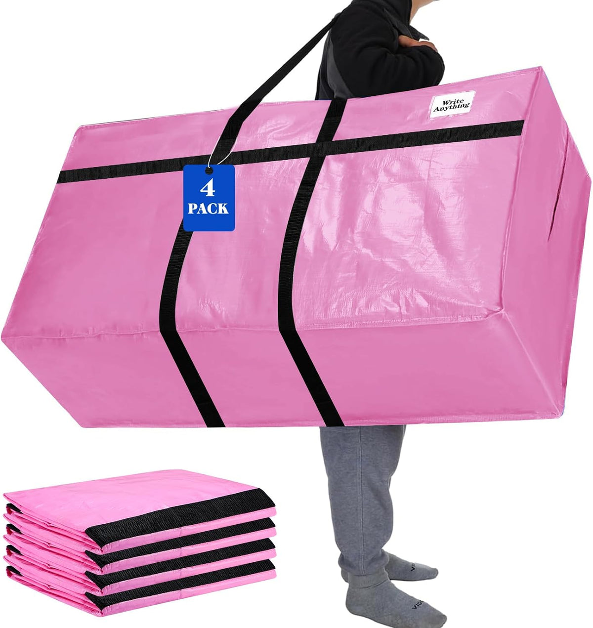Windyun Paquete de 4 Bolsas de Mudanza Extra Grandes de 69 Galones XXL Bolsa de Almacenamiento Resistente con Asa de Cremallera Fuerte Caja Grande Plegable para Dormitorio Universitario Viajes Ropa Locomotora Manta Almohada (Rosa)