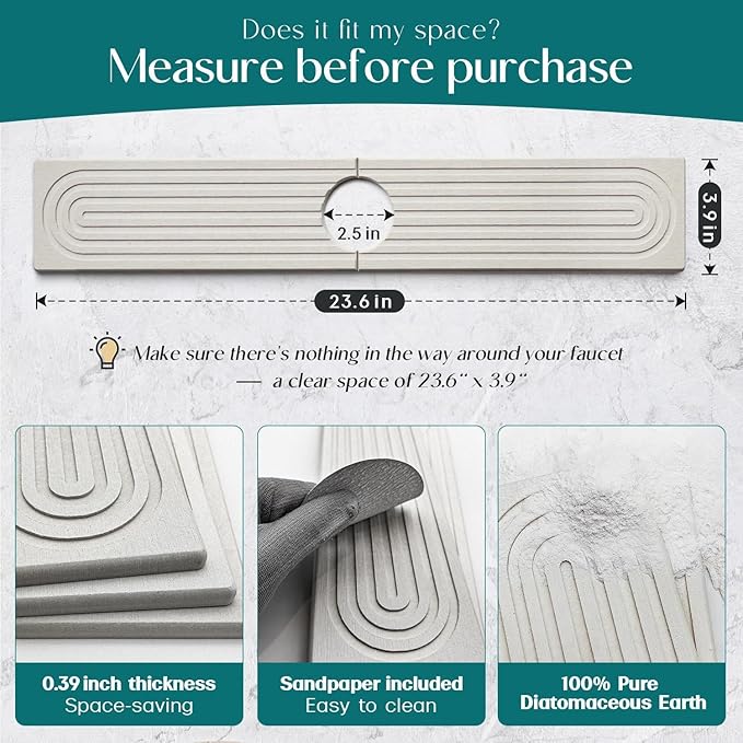 Alfombrilla para grifo de fregadero de cocina - Bandeja de piedra diatomita de secado rápido, súper absorbente, evita la acumulación de humedad - Protector antisalpicaduras para grifo de encimera de baño (rectangular blanco, 60x10cm)