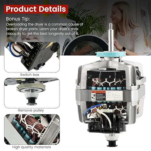 Motor de accionamiento de secadora OEM 279827 con polea (longitud del eje del soplador mejorada) por puxyblue compatible con motor de secadora MayTag Kitchenaid Kenmore Whirlpool – Reemplaza AP3094245