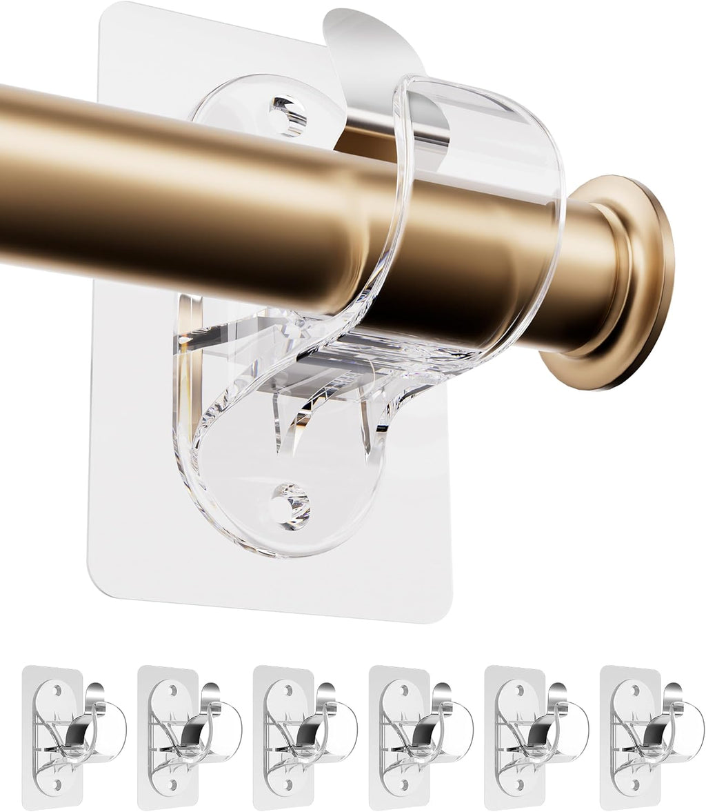 ANDGOO Pack de 6 Soportes Adhesivos para Barra de Cortina | Sin Perforar, Ideal para Inquilinos | Ajusta Barras de 0.5 a 1.2 pulgadas, Uso Rudo