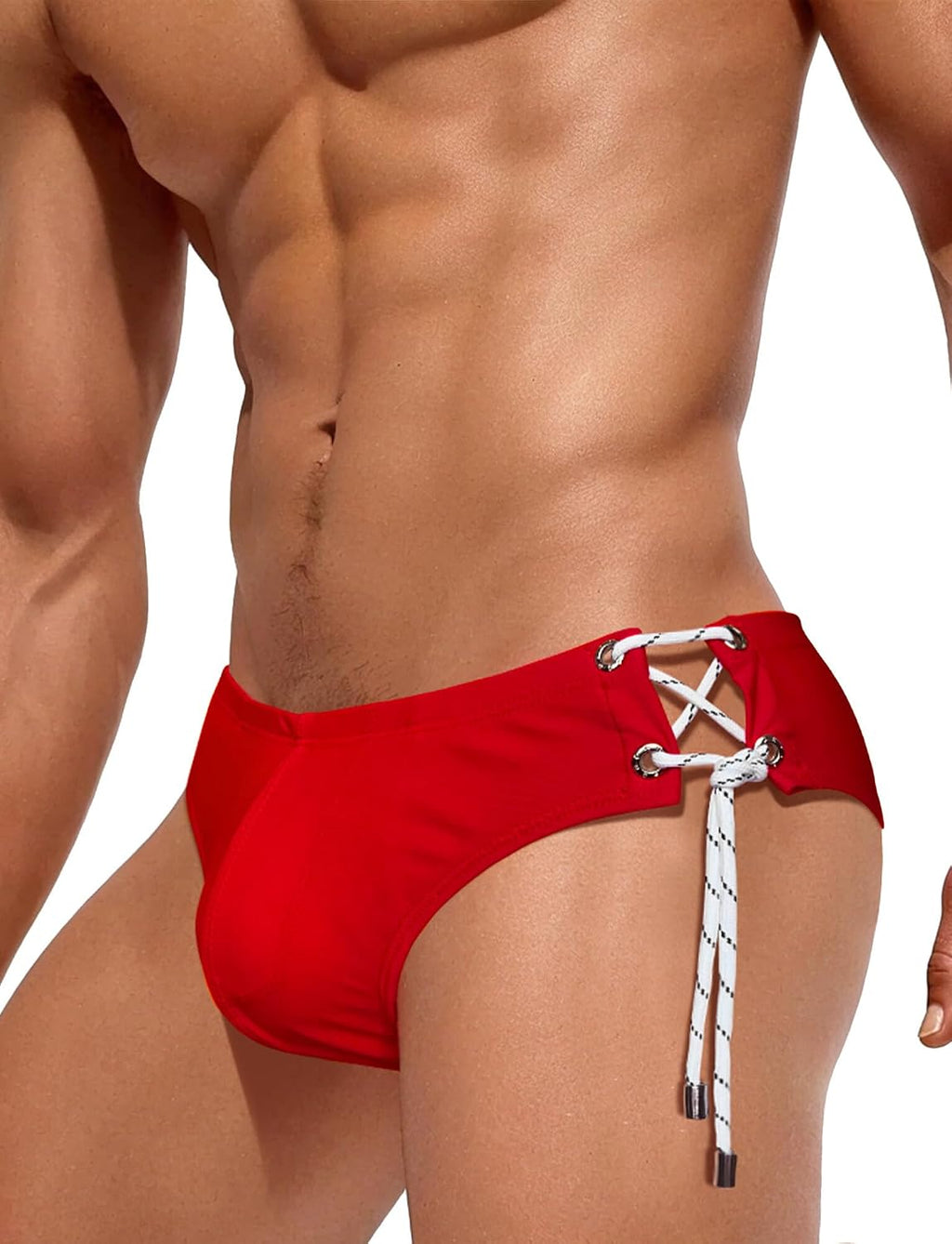 Traje de Bano Bikini para Hombre, Secado Rapido y Elastico, Briefs Deportivos de Competencia, con Cordon, Rojo, Talla L (US)