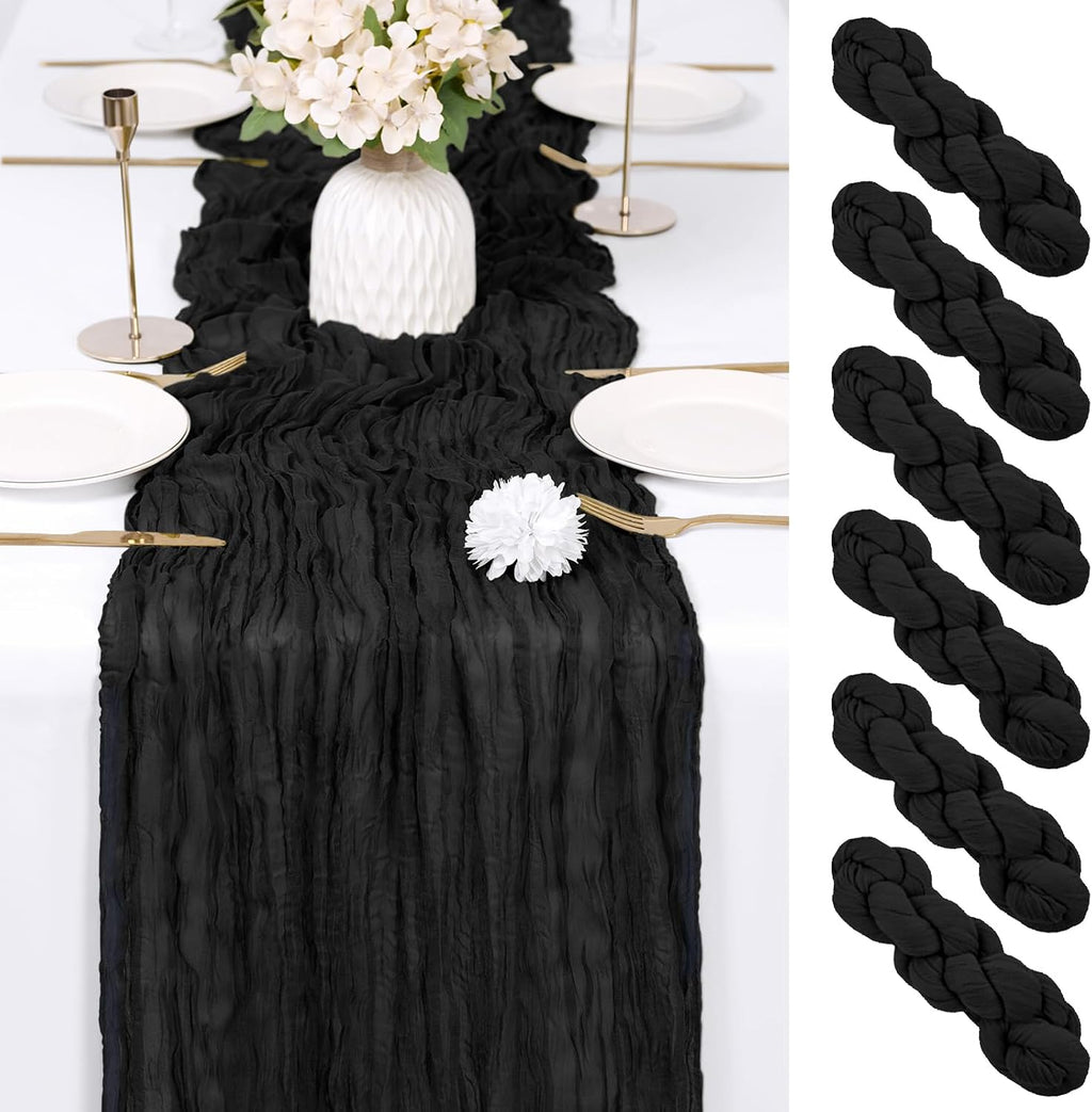 Set de 6 Caminos de Mesa Cheesecloth Negro Boho 17x108" – Gasa Semi Transparente para Bodas y Fiestas