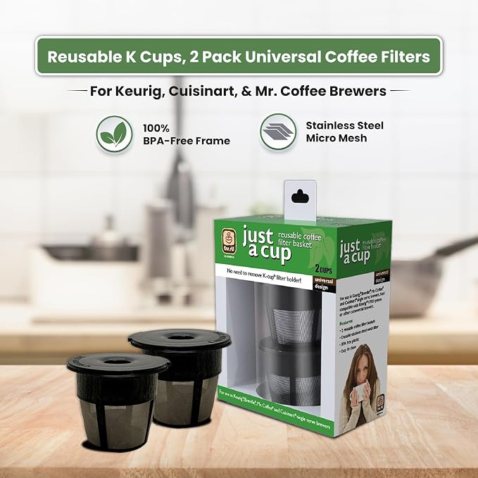 K Cups reutilizables, paquete de 2 filtros universales de café para Keurig, Cuisinart y Mr. Coffee Brewers - Malla de acero inoxidable, sin BPA