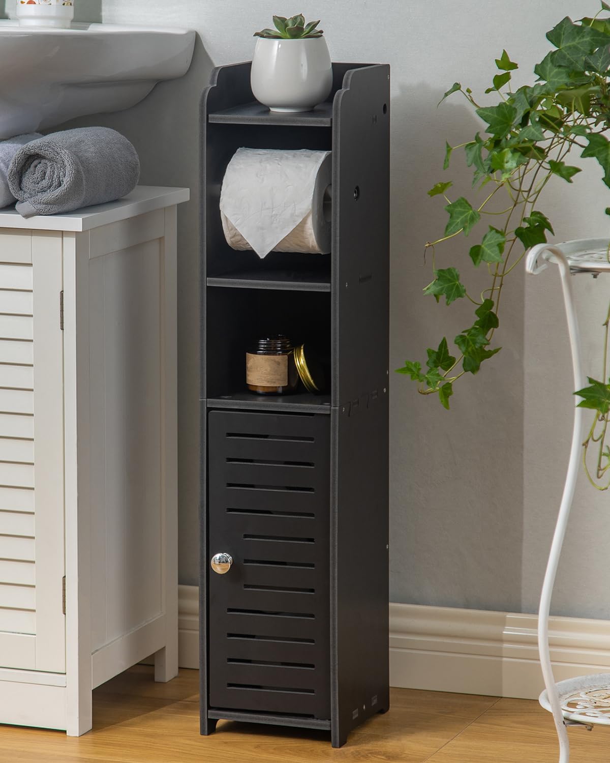 AOJEZOR Gabinete Pequeño de Almacenamiento para Baño – Portarrollos de Papel Higiénico para Rollo Pequeño, Negro