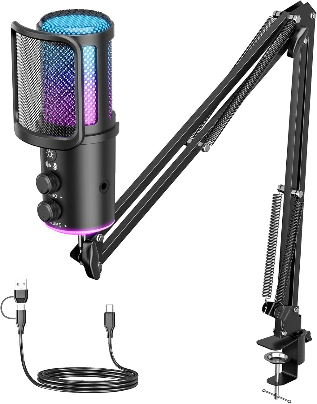 Micrófono USB para juegos, micrófono de condensador con cancelación de ruido y función de silencio, brazo articulado, ajuste de reverberación, monitorización para streaming, podcasting, Discord, YouTube, PC, ordenador, PS4, PS5, Mac