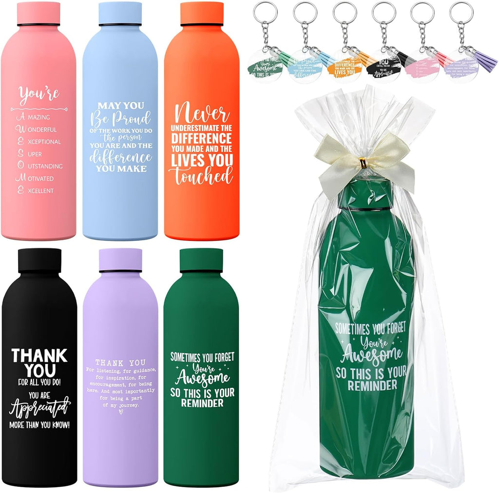Paquete de 6 regalos de agradecimiento para maestros y empleados: botella de agua de acero inoxidable de 17 oz con mensajes inspiradores y llaveros, bolsa OPP con lazo. Regalos de agradecimiento al por mayor para personal, compañeros de trabajo, maestros