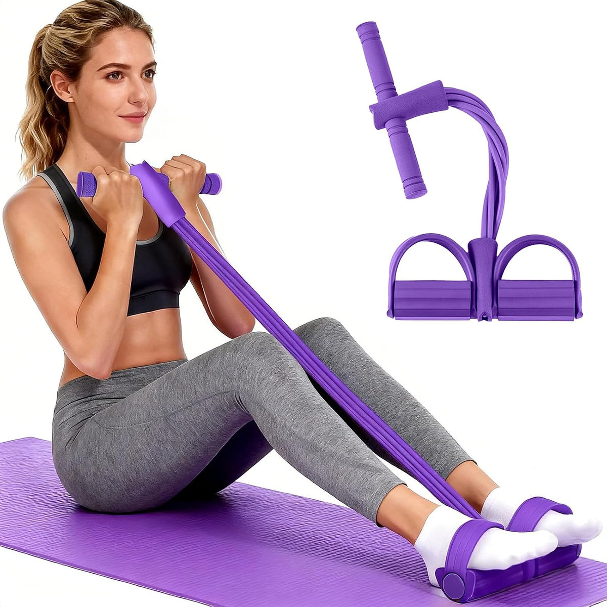 Aturien Banda de Resistencia con Pedal y Asas | Extensor de Yoga Elástico de 6 Tubos, Multifuncional para Piernas, Brazos y Abdomen | Púrpura