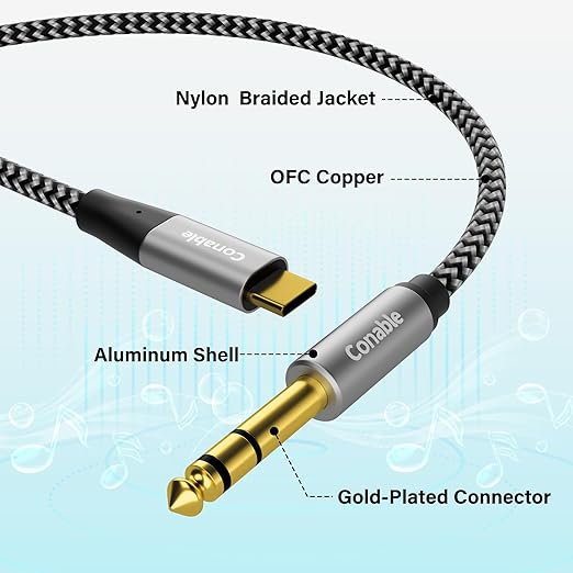 Cable de audio estéreo USB C a TRS de 1/4" de 4 pies, cable auxiliar USB tipo C unidireccional a 0.250 in, chip DAC inteligente, para teléfono, amplificador, altavoz, auriculares, Nota: cable de audio no para grabación/carga/llamadas