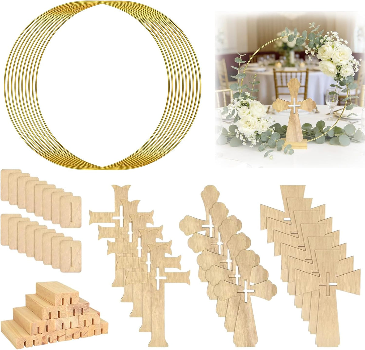 Mototo 48 piezas de centros de mesa de madera con cruz de pie para bautizos. Decoración para centros de mesa de bautizos. Incluye 16 cruces de madera con base y 16 aros florales de metal dorado con soporte de madera. Decoración de mesa para bodas