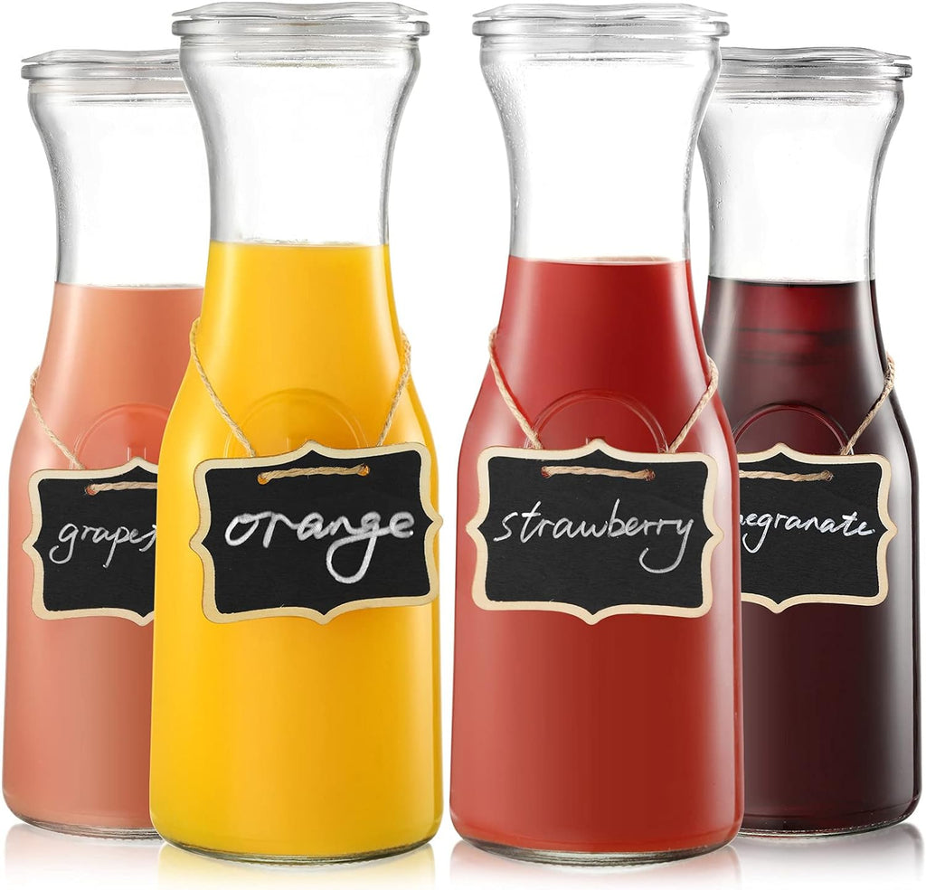 Juego de 4 jarras de vidrio con tapa NETANY, jarra de 1 litro para servir bebidas, jarra de vidrio transparente para bar de mimosas, brunch, agua fría, jugo, leche, té helado, limonada.
