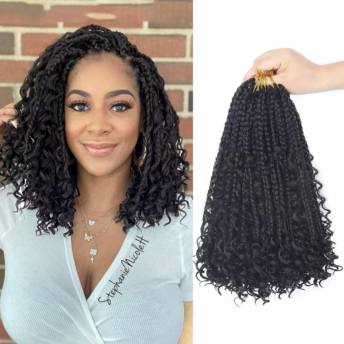 Extensiones Crochet Box Braids Goddess con Puntas Rizadas – 30.5 cm, 8 Paquetes 3X, Color 1B – Cabello Sintético para Mujeres