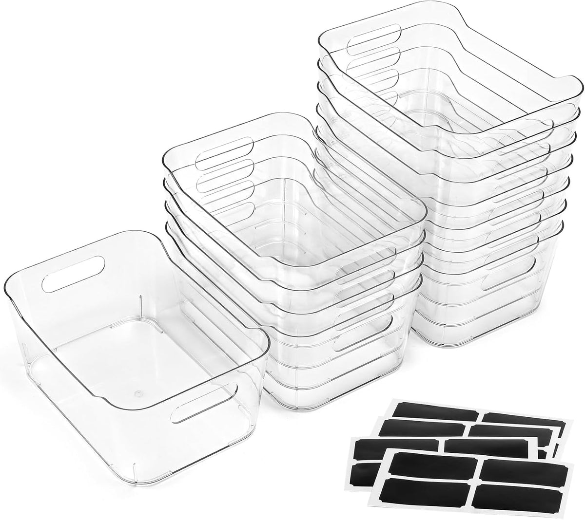 12 PACK Clear Plastic Storage Bins, Kitchen Cabinet Pantry Organizer Bins | Crystal-clear, Thicker, BPA Free, 12 Stickers - Multi-Use Containers for Home, Office, Shelf, Cupboard, Fridge Organization