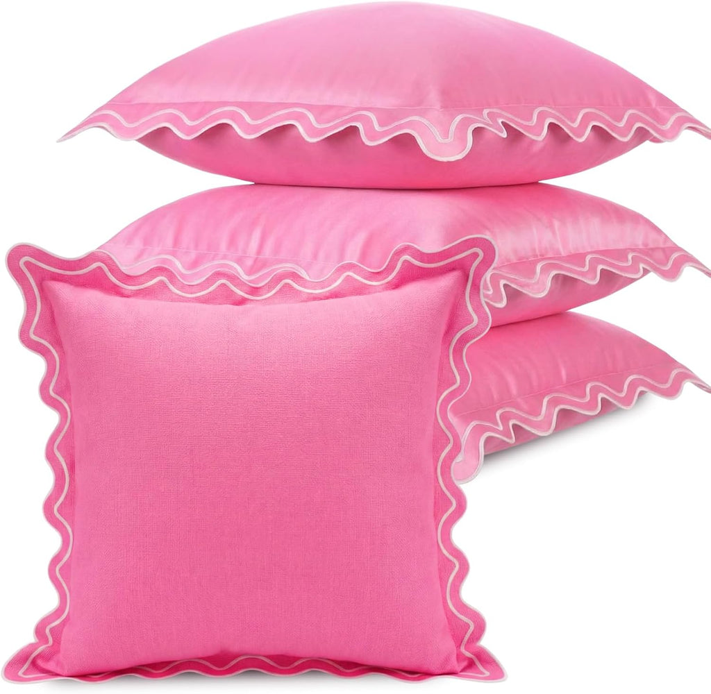 Novabright Paquete de 4 fundas de almohada impermeables para exteriores, fundas decorativas de estilo rústico para jardín, fundas de cojín festoneadas para patio, porche, tienda de campaña, sofá, sala de estar (rosa, 45 x 45 cm)