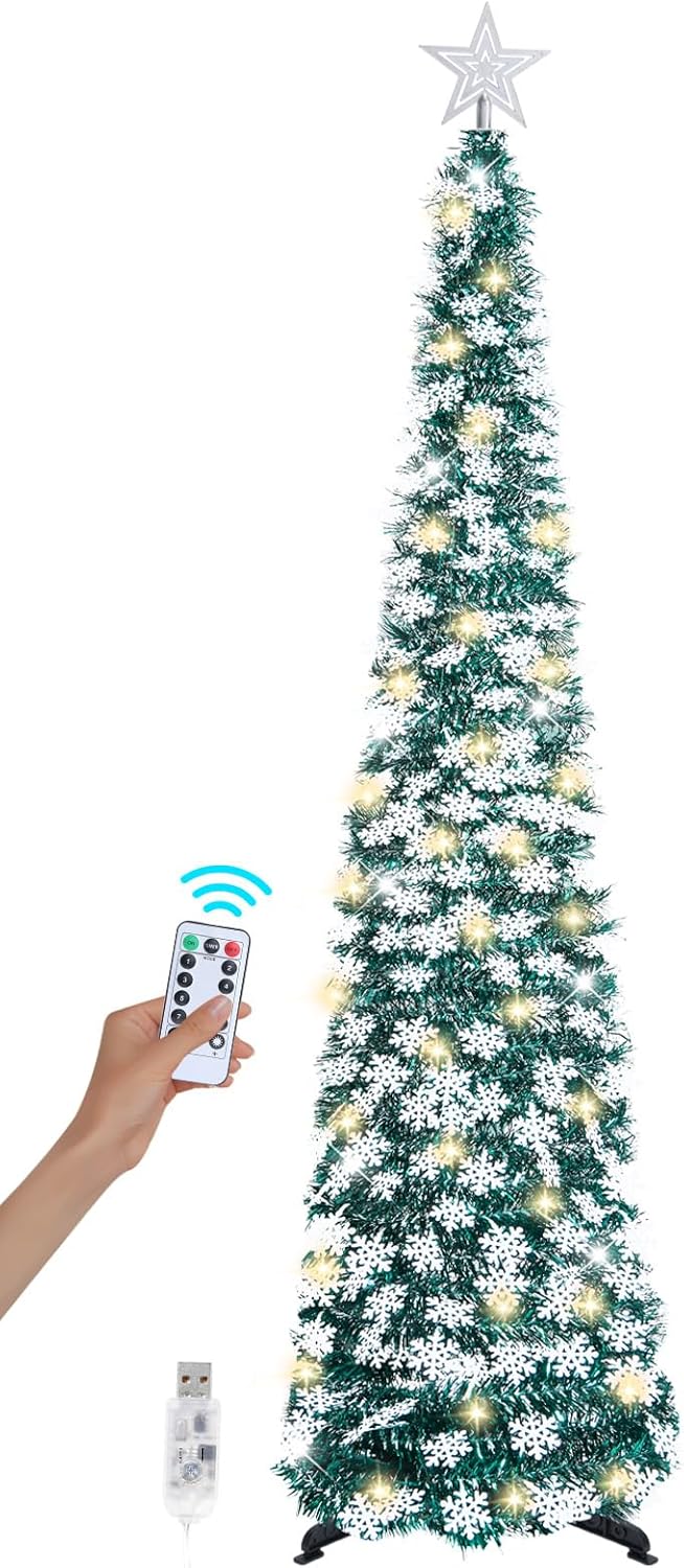 6 FT Pop Up Christmas Tree with 100 LED Timer Lights & Remote, Green Collapsible Christmas Tinsel Tree Artificial Pencil Tree Xmas Decoration for Holiday Home Office Party, USB Powered
