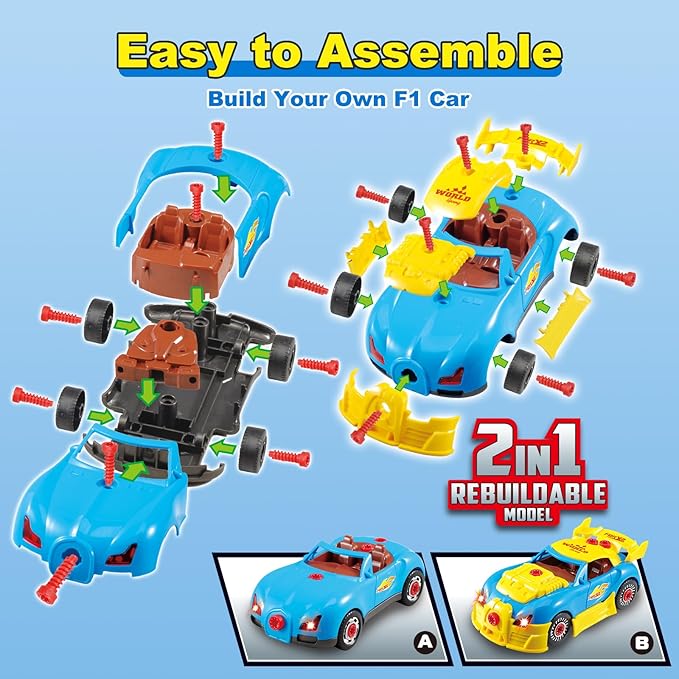 Pup Go Juguetes de construcción para niños de 3, 4, 5 años, coche de carreras desmontable, 30 piezas de juguetes de construcción con taladro eléctrico, construye tu propio coche con luces y sonidos