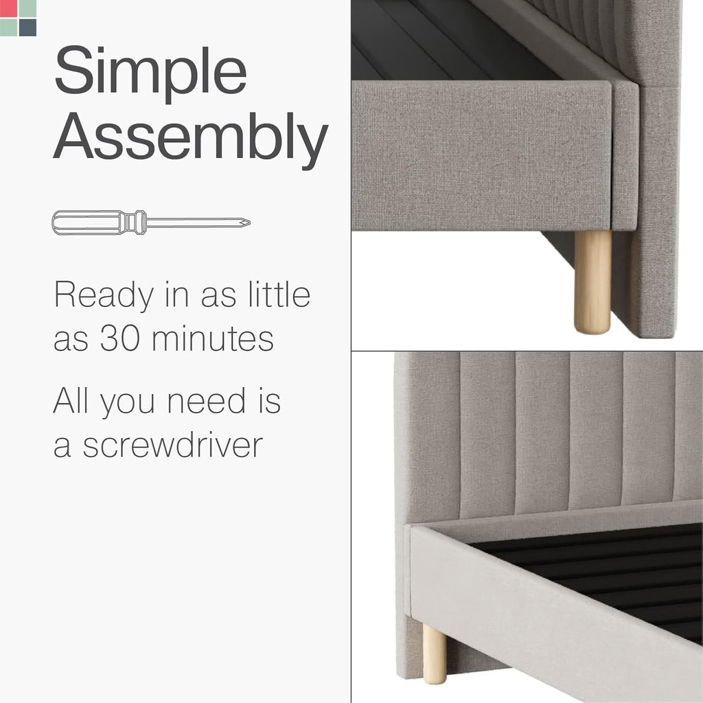 Cabecero Arqueado Stead con Base de Cama – Tamaños King y Queen – Plataforma Tapizada para Dormitorio Moderno y Estilo Mid Century – Gris