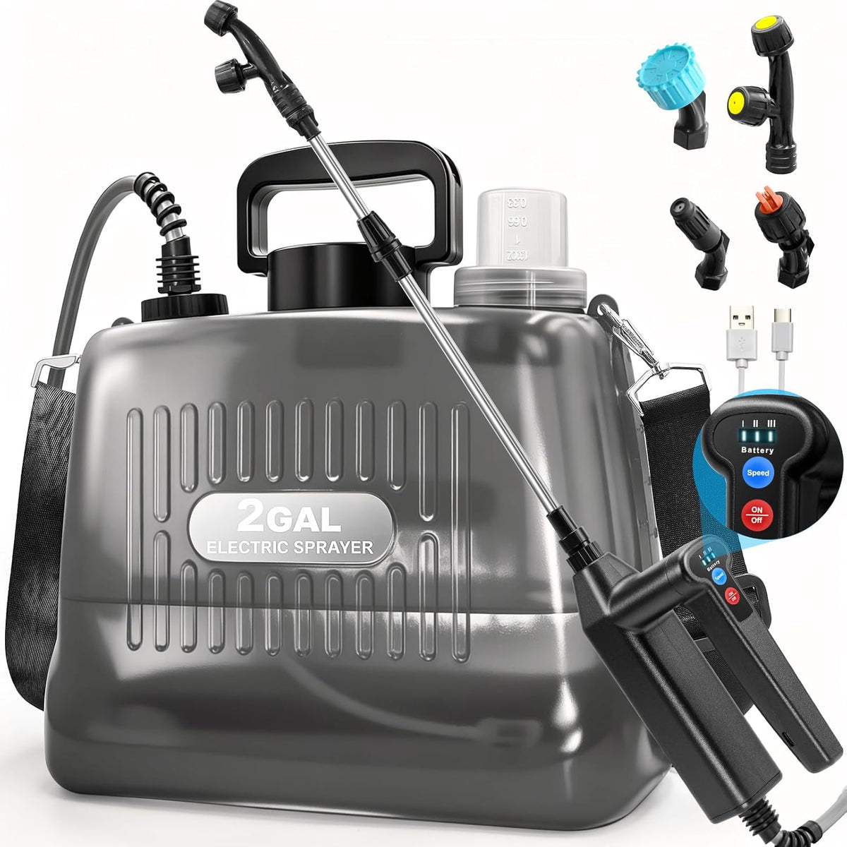 Sylsmart Fumigadora a Batería 2 Galones | Eléctrica con 3 Niveles de Presión Ajustable | 4 Boquillas y Varilla Extensible | Recargable para Jardín y Fertilizante