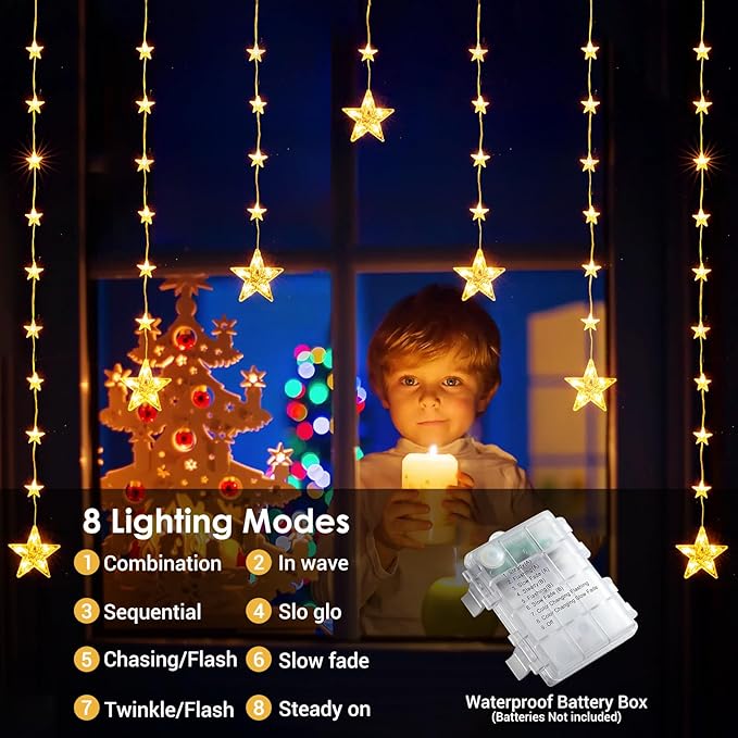 Luces Cortina de Estrellas Marchpower x46 a Batería – Blanco Cálido, 8 Modos, Timer, IP65 para Ventana y Decoración Navideña