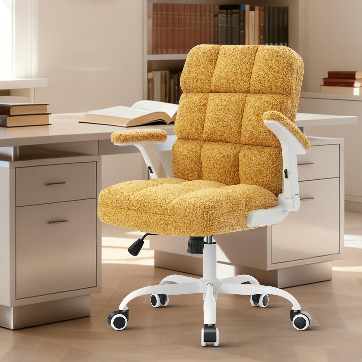 SEATZONE - Silla de oficina ergonómica de tela de terciopelo amarillo, con ruedas y brazos abatibles