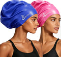 Gorro de Natación Extragrande de Silicona para Trenzas, Rastas y Cabello Afro – Para Mujeres y Hombres, Colores Azul y Fucsia