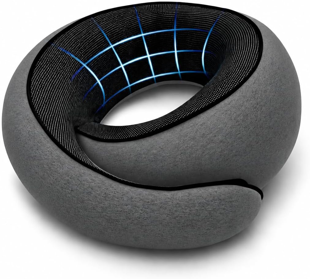 Almohada cervical de viaje Purroch con forma de G y espuma viscoelástica - Soporte ergonómico 100 % de espuma pura con antifaz y tapones para los oídos para vuelos en avión, viajes en coche y siestas en la oficina, color gris beige.