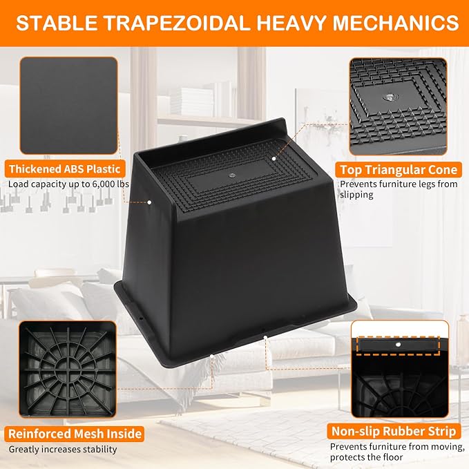 Elevadores de cama de 6 pulgadas, resistentes, de gran tamaño, rectangulares, soporta hasta 6000 libras, elevadores de cama para marco de patas de cama, sofá, mesa, silla, negro