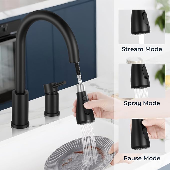 Grifo de cocina desplegable para fregadero de 2 agujeros, grifo de fregadero de una sola manija, con 3 modos de pulverización y mango separado, negro mate