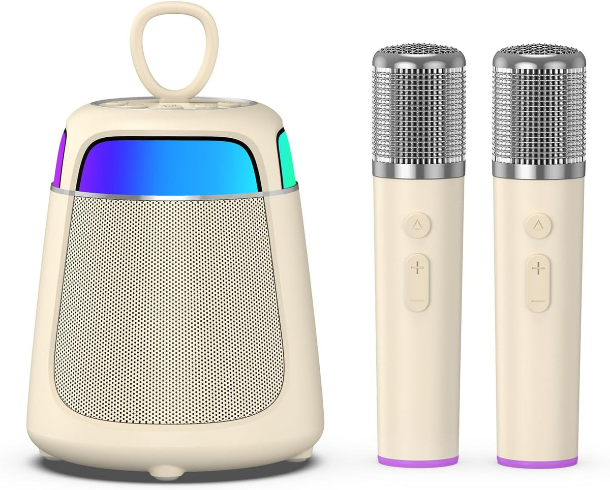 JAMELO Máquina de karaoke para niños y adultos, altavoz Bluetooth portátil con 2 micrófonos de karaoke inalámbricos, sonido estéreo de 360°, 8 horas de reproducción, luz RGB, regalo para cumpleaños, fiestas en casa y reuniones al aire libre