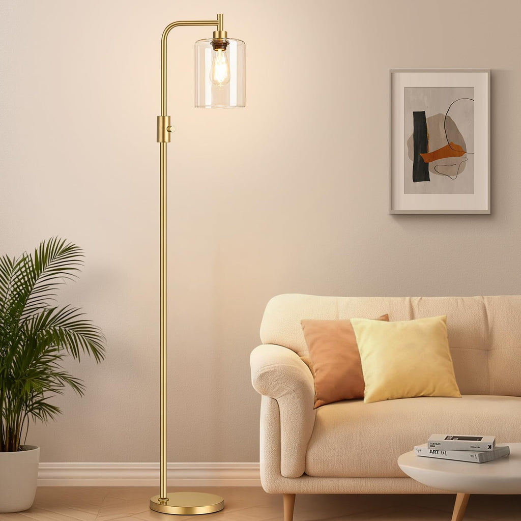 Lámpara de pie dorada regulable mejorada para sala de estar con pantalla de cristal transparente, lámpara de pie moderna de cristal con bombilla Edison de 900 lúmenes incluida, lámpara de pie alta para dormitorio, oficina, sala de lectura, rincón