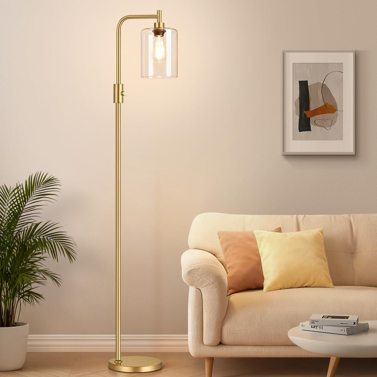 Lámpara de pie dorada regulable mejorada para sala de estar con pantalla de cristal transparente, lámpara de pie moderna de cristal con bombilla Edison de 900 lúmenes incluida, lámpara de pie alta para dormitorio, oficina, sala de lectura, rincón