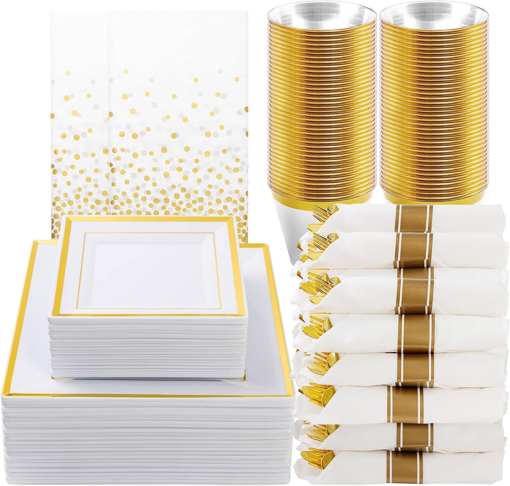 Juego de vajilla Goodluck de 352 piezas color oro para 50 invitados, platos cuadrados de plástico con borde dorado para Acción de Gracias. Incluye: 100 platos de plástico, 50 servilletas enrolladas, 50 vasos, 50 cubiertos y 2 manteles.