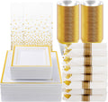 Juego de vajilla Goodluck de 352 piezas color oro para 50 invitados, platos cuadrados de plástico con borde dorado para Acción de Gracias. Incluye: 100 platos de plástico, 50 servilletas enrolladas, 50 vasos, 50 cubiertos y 2 manteles.
