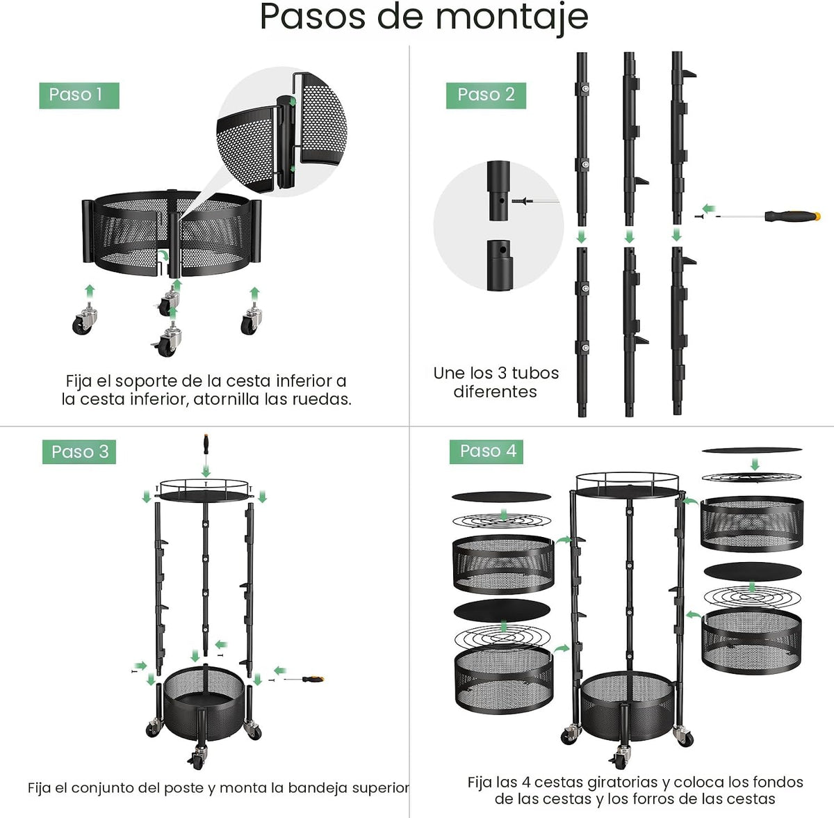 Carrito Organizador SNTD 5 Niveles con Ruedas | Canastas Giratorias para Frutas y Verduras | Negro