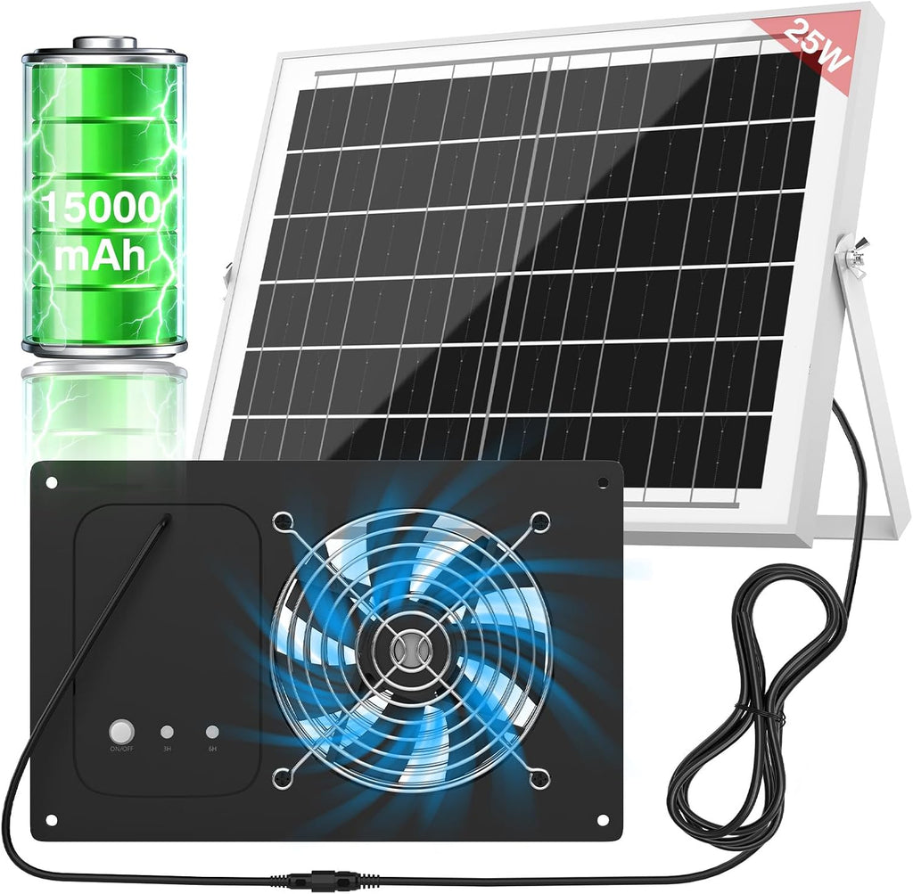 Ventilador solar con batería de 15000 mAh y temporizador, extractor solar de alta velocidad de 25 W y 3500 RPM, ventilación impermeable y silenciosa para gallineros, invernaderos, cobertizos, casetas de mascotas y ventanas.