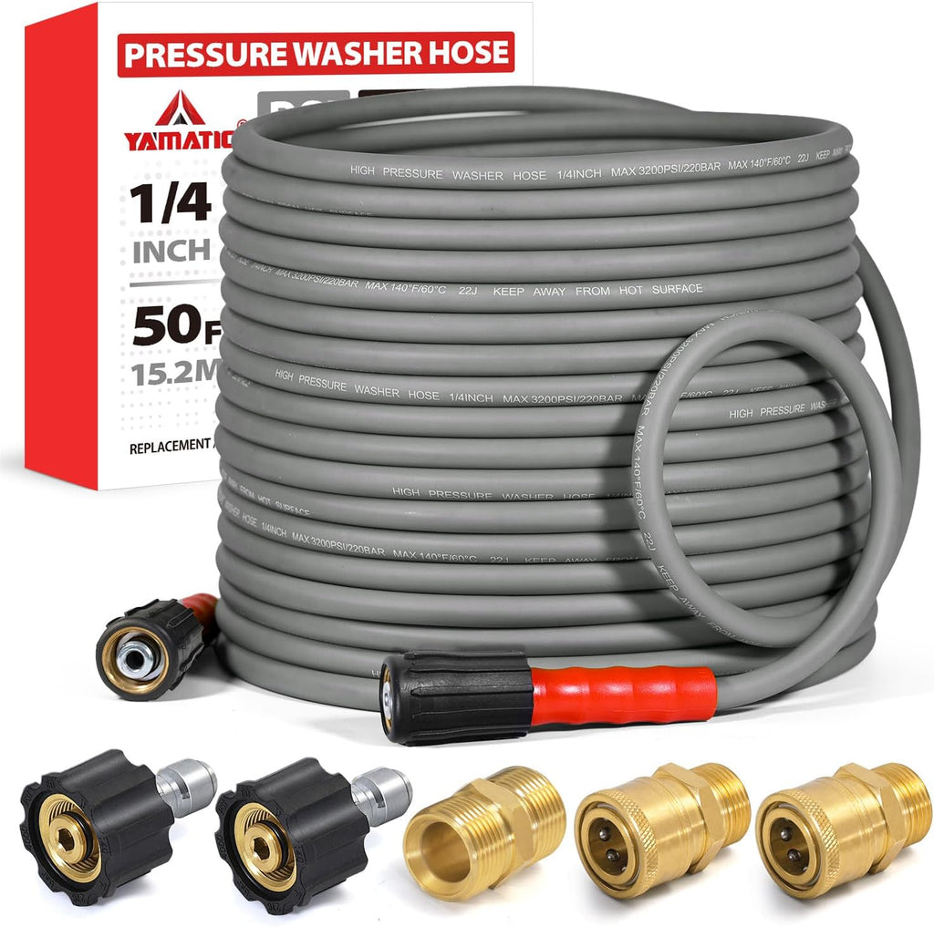 Manguera flexible mejorada para hidrolavadora YAMATIC de 50 pies (1/4"), 3200 PSI, sin dobleces, con adaptadores de conexión rápida M22-14 mm y 3/8", extensión para hidrolavadoras a gasolina Troy-Bilt Ryobi Honda Craftsman.