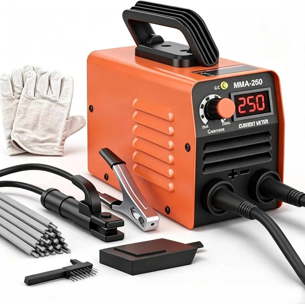 INCOMPLETO-Máquina de soldadura Super Mini Stick, 110V 250A ARC portátil MMA para principiantes, incluye 10 varillas de soldadura, soldadora inversora IGBT, arranque en caliente, arco antiadherente (naranja).