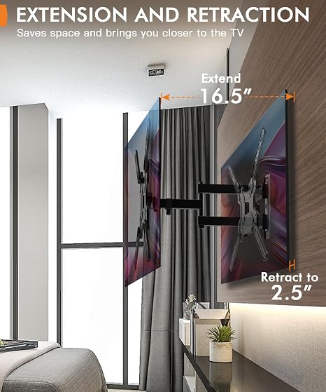 Soporte de pared para TV de movimiento completo para la mayoría de televisores de 26 a 55 pulgadas, soporte de pared para TV en esquina con inclinación, giro y articulación, diseño de un solo perno
