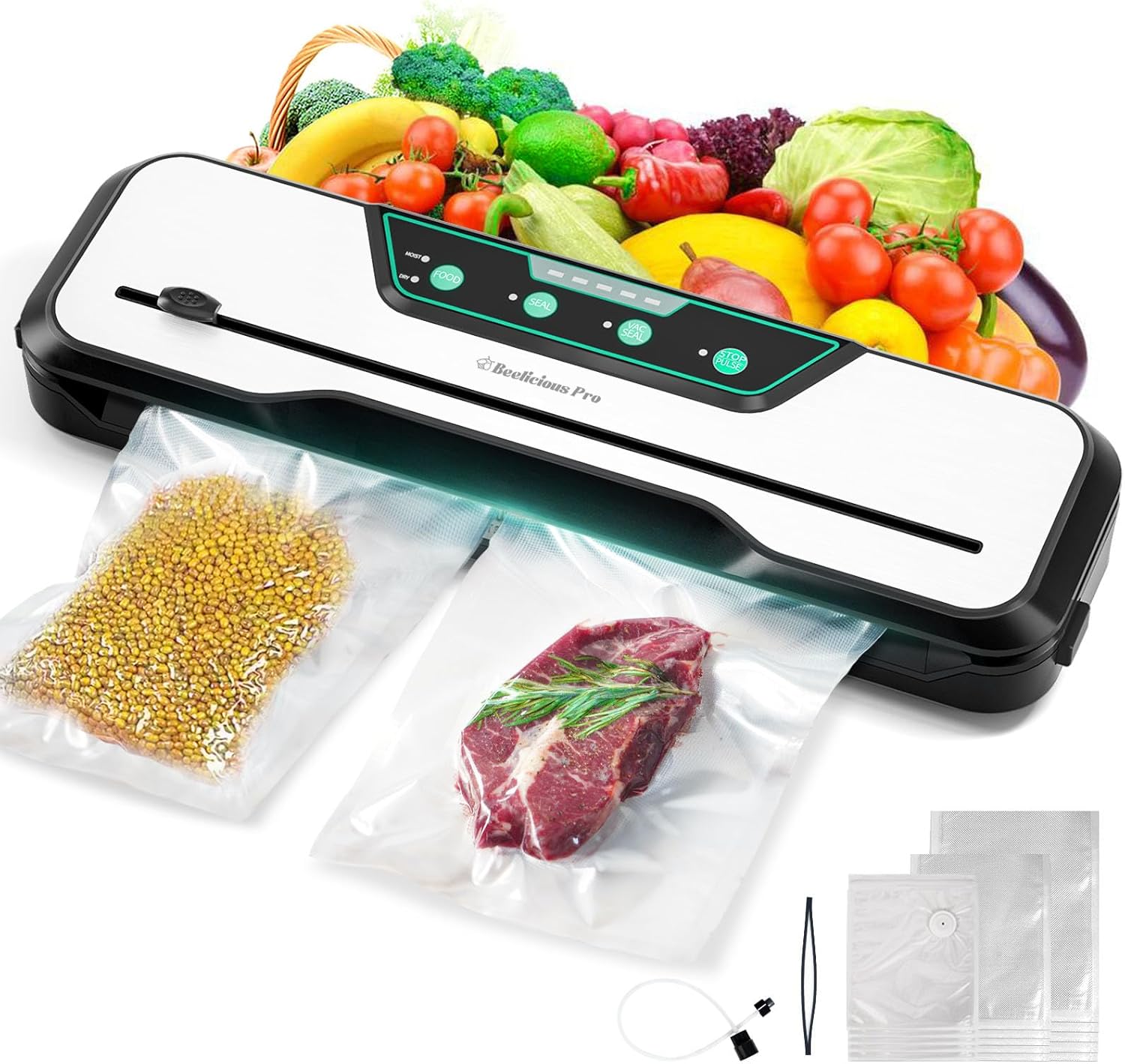 Máquina automática de envasado al vacío de alimentos Beelicious 8 en 1 con kits de inicio, función de pulso, modo húmedo y seco, y aspiradora externa para frascos y recipientes, gris plateado. 