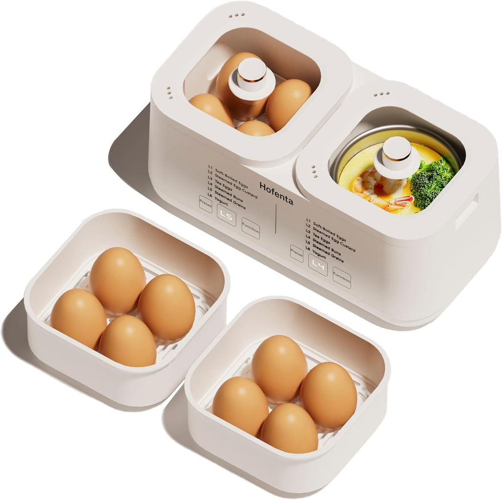 Hofenta Cocedor Electrico Rapido de Huevos | Capacidad 16 Huevos con Temporizador (0.5-9.5H) | Apagado Automatico, 2 Niveles | Vaporera para Huevos Duros, Blandos y Escalfados