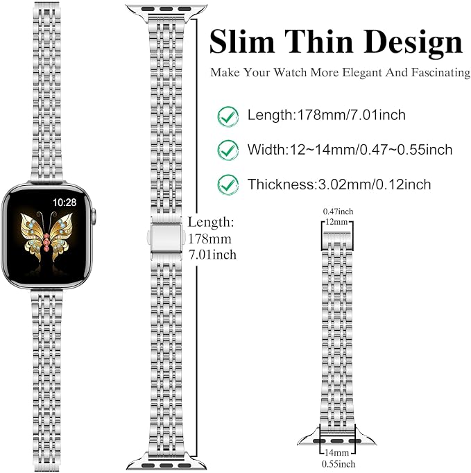 MioHHR Correa Metálica delgada Compatible con Apple Watch Banda 42mm (Series 11 10) 41mm (Series 9 8 7) 40mm (Series 6 5 4 SE3/2/1) 38mm (Series 3 2 1), Bandas de Acero Inoxidable iWatch para Mujeres