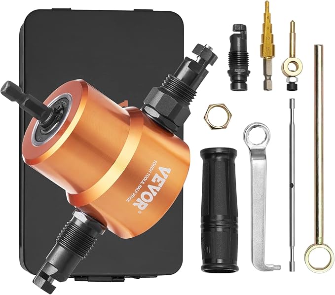 VEVOR - Recortador de doble cabeza, de lámina, accesorio para taladro, 360 grados, con punzón y troquel adicionales, accesorio de orificio de corte y broca de un solo paso, para corte curvo, recto