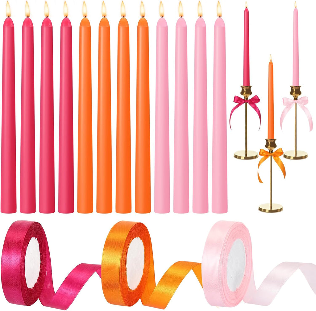 Windkream 12 Velas Cónicas Rosa y Naranja 25cm | Incluye 3 Rollos de Cinta | Decoración para Eventos