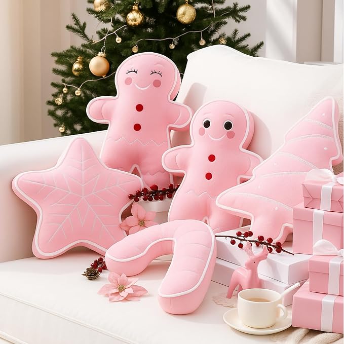 Set de 5 Cojines Navideños Rosa Beeveer — Galleta, Árbol, Copo de Nieve, Bastoncillo y Más | Decoración Navidad