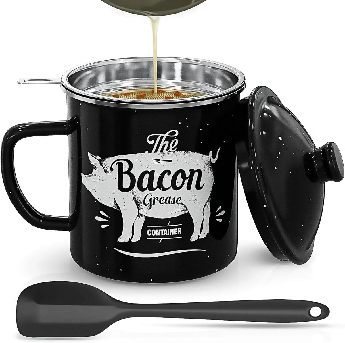 ARTICULO VIENE COMO SE MUESTRA EN LA SEGUNDA IMAGEN ) Contenedor para Grasa de Tocino con Colador 46 oz | Recipiente Grande de Esmalte | Con Espátula de Silicona | Estilo Granja | Para Almacenar Aceite de Cocina | Apto para Lavavajillas | Negro